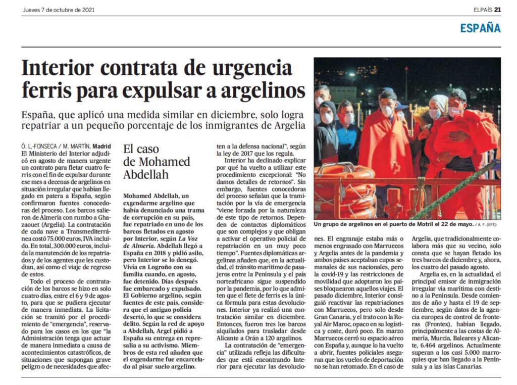 Interior vuelve a fletar de “emergencia” ferris para expulsar a argelinos en situación irregular